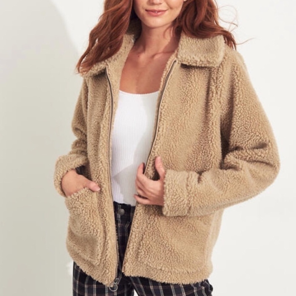 Hollister Sherpa Teddy Jacket - Tan - Size M